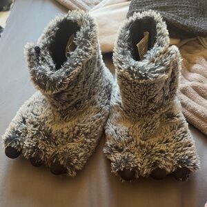 Fuzzy Gray Bear Paw Slippers